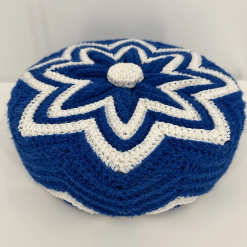 Vintage Crochet Round Granny Throw Pillow Blue White‎ Yarn Ruffled 3D Handmade